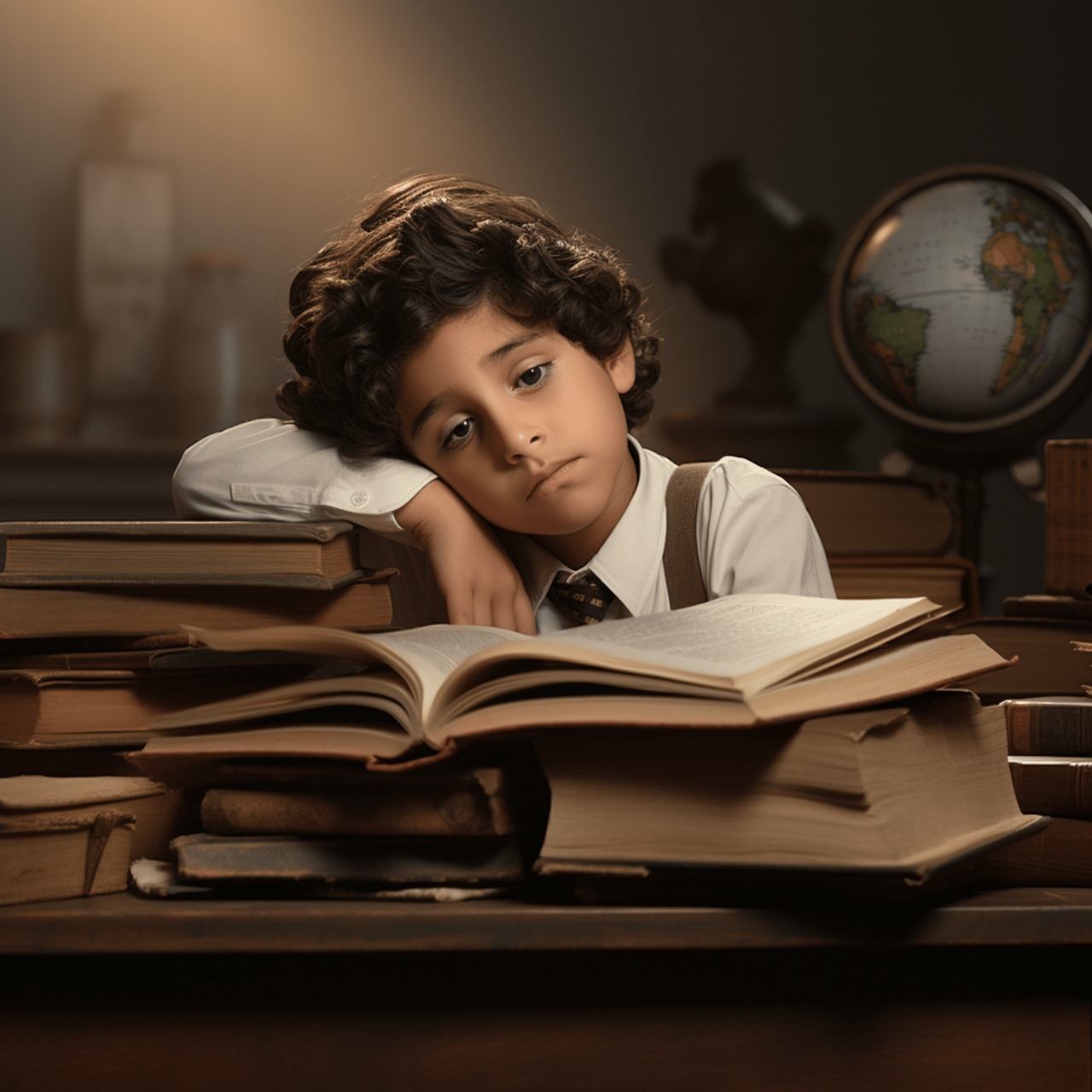 Sad child thinking while studying at desk